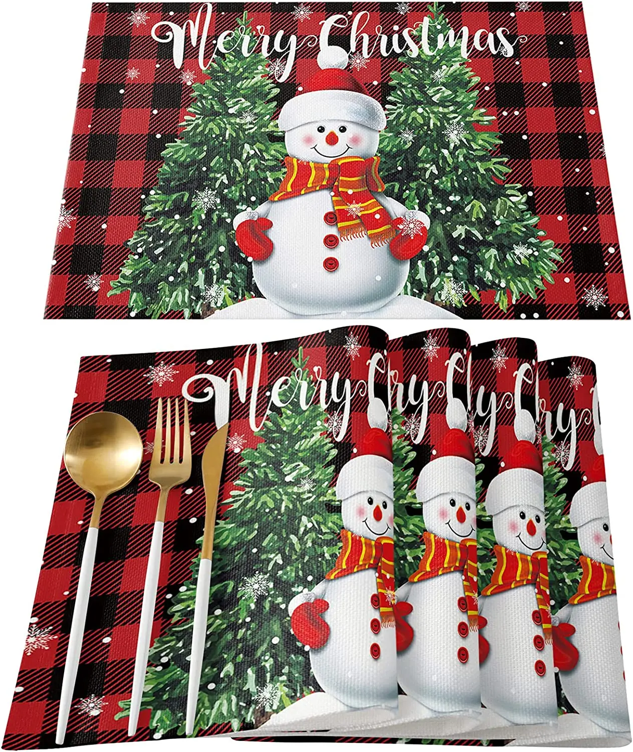 

Christmas Snowman Placemats for Dining Table Set of 4 Merry Christmas Cute Snowman with Xmas Tree Red and Black Buffalo Plaid