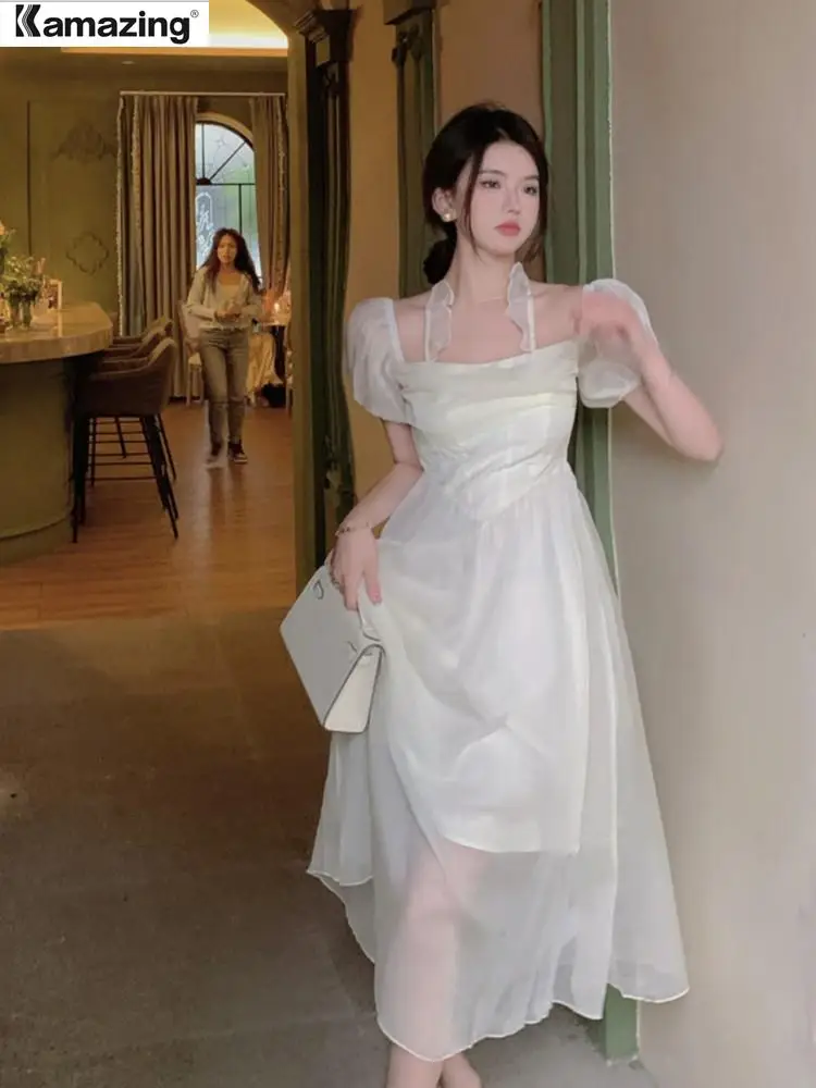 Women's Summer Chic Fairy Chiffon Midi Dress Korean Casual Puff Sleeve Beach Sundress Female Fashong Clothing 
Women's Summer Chic Fairy Chiffon Midi Dress Korean Casual Puff Sleeve Beach Sundress Female Fashong Clothing