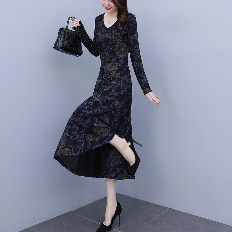 

Chiffon Loose Women Dresses New Fashion Printing V-neck Autumn Long Sleeve Dress A-LINE Mid-Calf Houthion