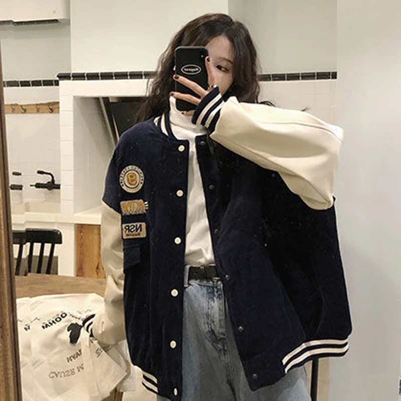 Autumn Vintage Stitching Baseball Uniform Women Couple Students Embroidery Blue Jacket Loose Casual Lady Corduroy Coat New 2022
Autumn Vintage Stitching Baseball Uniform Women Couple Students Embroidery Blue Jacket Loose Casual Lady Corduroy Coat New 2022