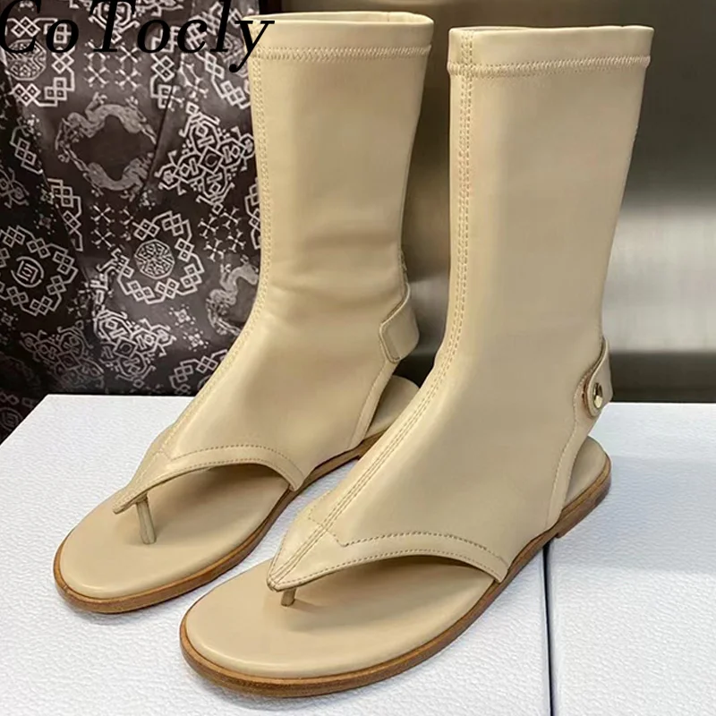

2023 New Summer Boots Woman Flip-Flops Runway Shoes Women Balck White Apricot Mid Calf Boots Peep Toe Flat Modern Boots Women