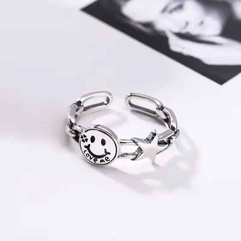 925 Silver-plated Thai Silver Star Smiley Ring for Women Pentagram Index Finger Personality Ins Tide High-end Cold Wind Ring
925 Silver-plated Thai Silver Star Smiley Ring for Women Pentagram Index Finger Personality Ins Tide High-end Cold Wind Ring