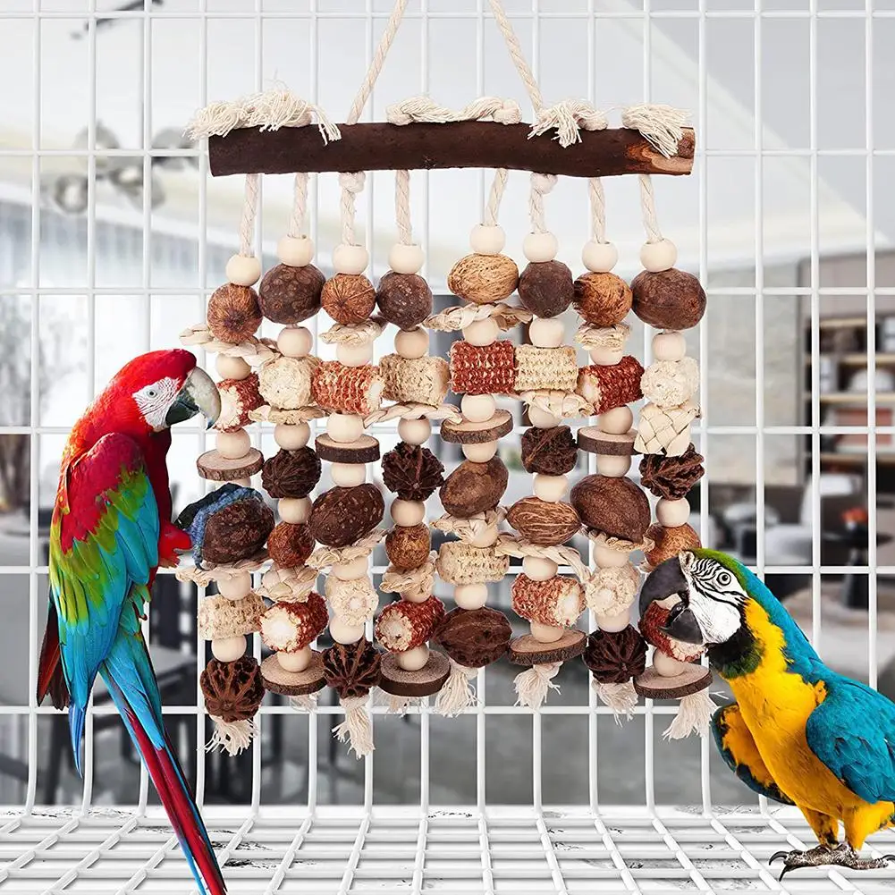

Parrot Hanging Chewing Toys Natural Wooden Blocks Corn Cob Nuts Bird Cage Accessories For Relieve Boredom