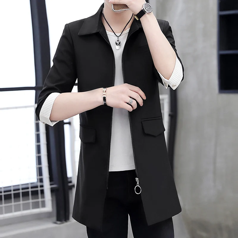 Summer leisure pink long mid sleeve zipper windbreaker suit seven minutes sleeve suit Male Korean hair stylist coat
Summer leisure pink long mid sleeve zipper windbreaker suit seven minutes sleeve suit Male Korean hair stylist coat