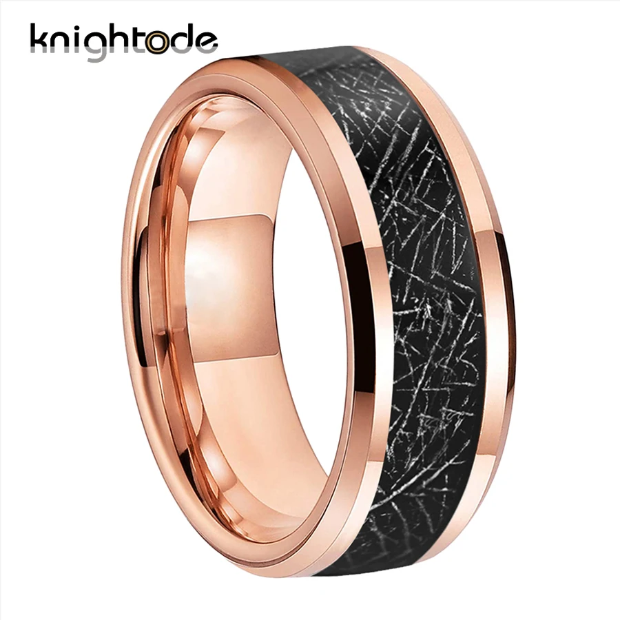 

8mm Tungsten Wedding Band Black Meteorite Inlay Men Women Simple Stlye Flat Rings Beveled Edges Polished Comfort Fit