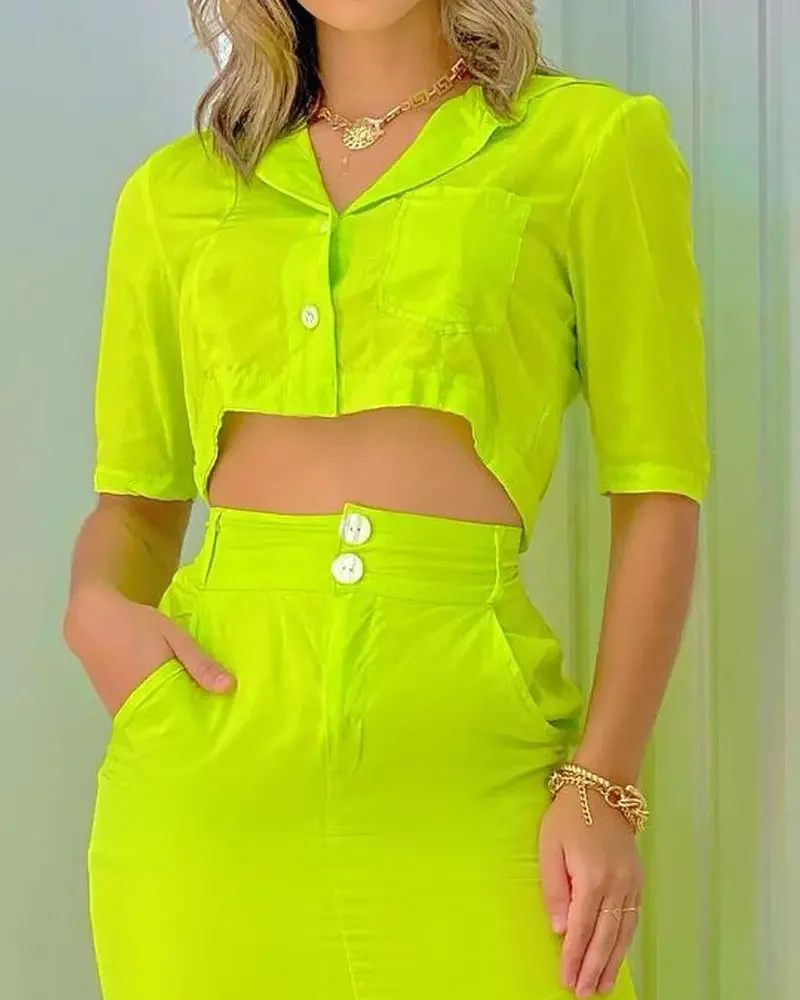 

Casual Pocket Detail Buttoned Crop Top & Split Hem Skirt Suit 2022 Summer New Woemn Solid Color Shirt Skirt Two Piece Set
