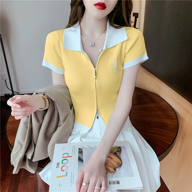 Sexy Cropped Tops for Women Polo Collar Slim Knit T-shirt Print Short Sleeve Knitted Cardigan
Sexy Cropped Tops for Women Polo Collar Slim Knit T-shirt Print Short Sleeve Knitted Cardigan