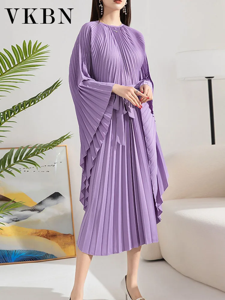 

VKBN Summer Formal Dress Women 2023 Sashes O-Neck Batwing Sleeve Casual Empire Fashion Pleated Evening Midi Dress