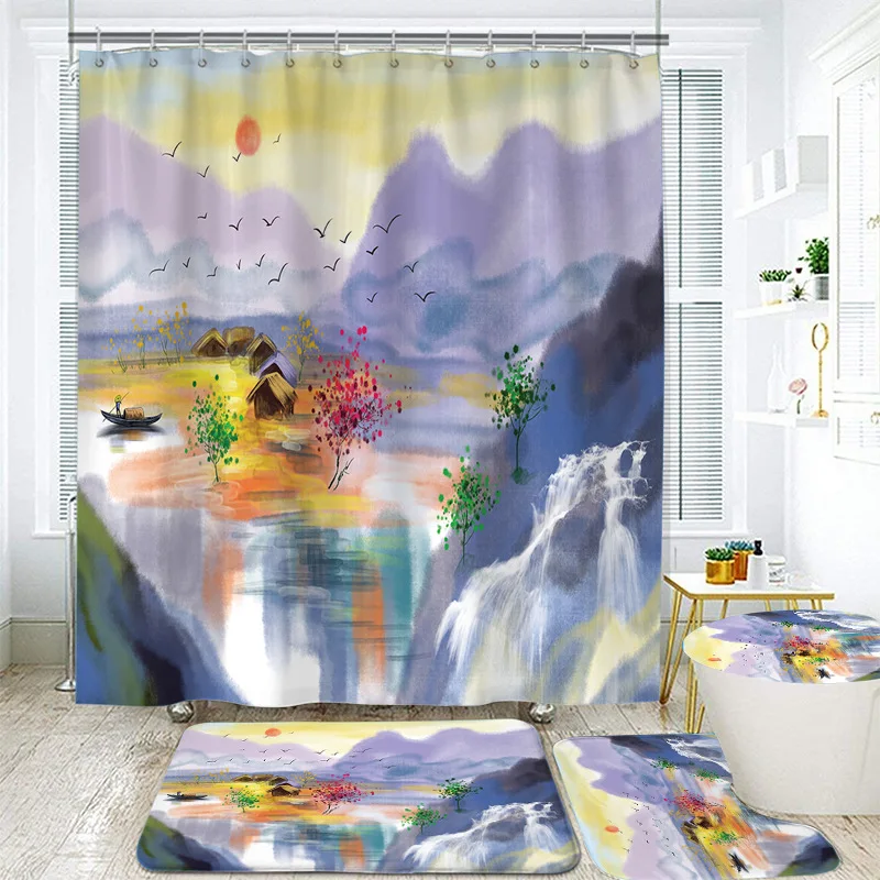 

Занавеска для душа в китайском стиле с пейзажами, водонепроницаемая ткань с принтом, Штора для ванной комнаты с природным пейзажем, 200x180