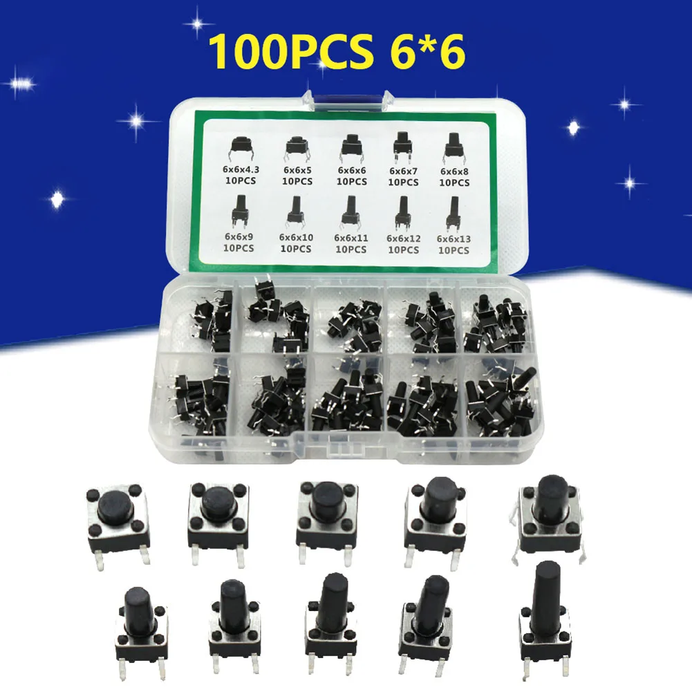 

100PCS Miniature PCB Mounting Switches Kit 10 Kinds Of Common Tact Switch Key Switch Package 6X6X4.3-6X6X13 DC12V 50mA