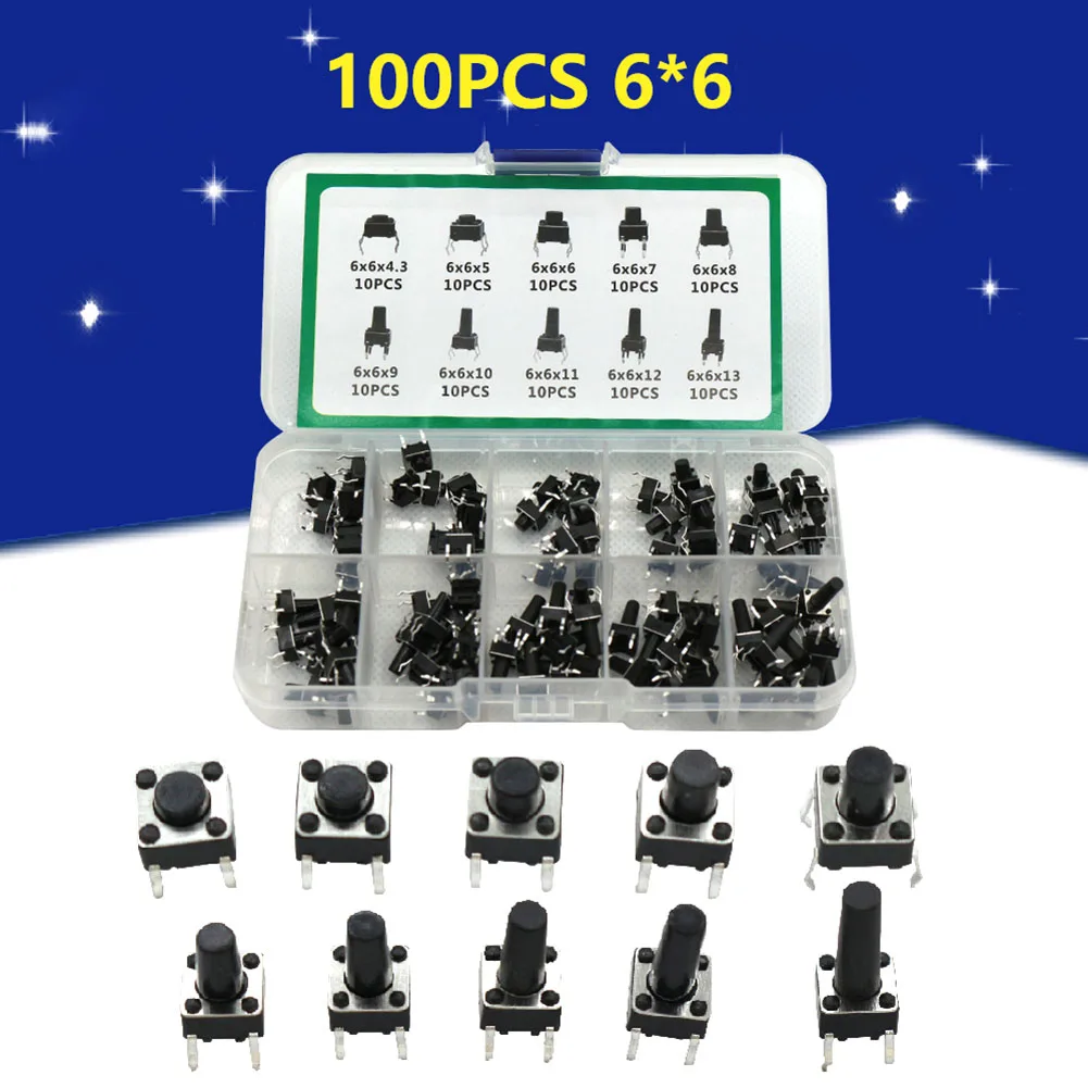 100PCS Miniature PCB Mounting Switches Kit 10 Kinds Of Common Tact Switch Key Switch Package 6X6X4.3-6X6X13 DC12V 50mA
100PCS Miniature PCB Mounting Switches Kit 10 Kinds Of Common Tact Switch Key Switch Package 6X6X4.3-6X6X13 DC12V 50mA