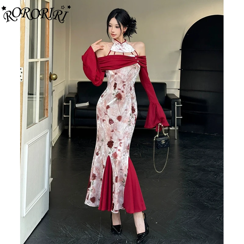 RORORIRI Нео-китайский бархатный Cheongsam с принтом роз женское длинное платье