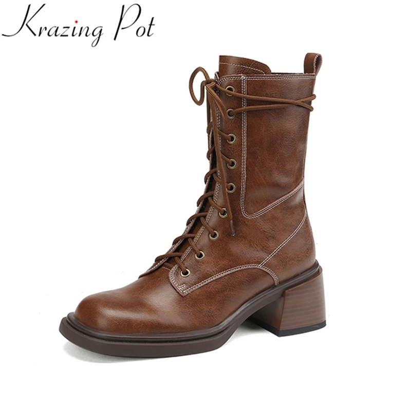 Krazing Pot Fashion Cow Split Leather High Heel Lace Up Modern Boots Solid Winter Shoes Sewing Runway Elegant Mid-calf Boots
Krazing Pot Fashion Cow Split Leather High Heel Lace Up Modern Boots Solid Winter Shoes Sewing Runway Elegant Mid-calf Boots