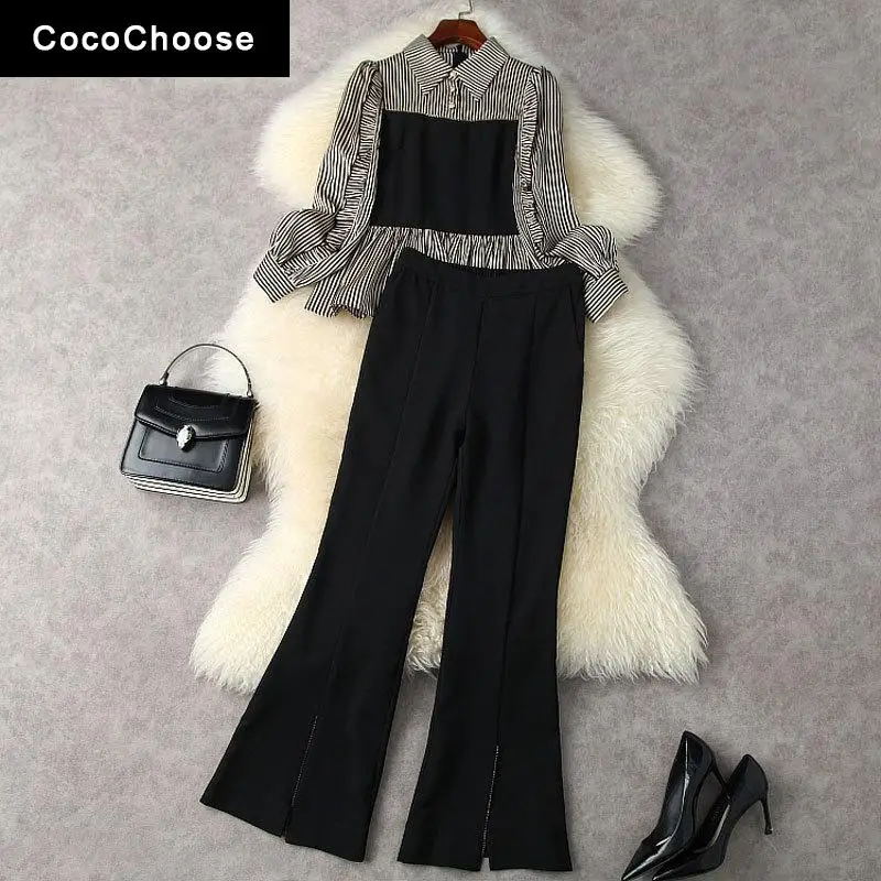 Женский офисный костюм из двух предметов, черная блузка в полоску с длинным рукавом и брюки-клеш с баской, весна 2022
Женский офисный костюм из двух предметов, черная блузка в полоску с длинным рукавом и брюки-клеш с баской, весна 2022