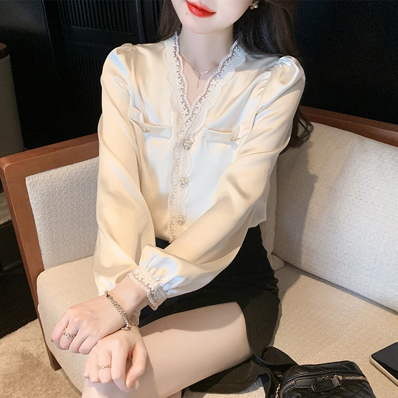 France style womens tops and blouses New elegant ladies lace satin shirts Spring Summer Long sleeve Tops blusa mujer
France style womens tops and blouses New elegant ladies lace satin shirts Spring Summer Long sleeve Tops blusa mujer