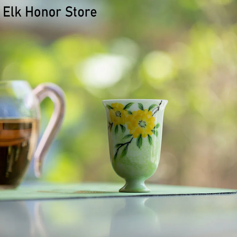 2 шт./компл. керамическая чайная чашка из желтого дерева ручной росписи, ароматная зеленая чашка с туманом, фарфоровая чашка, чашка для чая с высокой ножкой, 60 мл