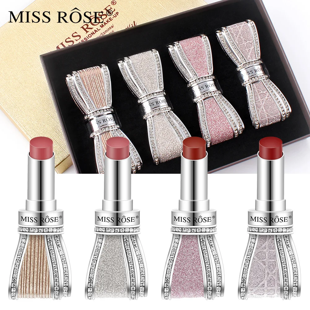 

MISS ROSE 4PCS/set Diamond-studded bow lipstick Long-lasting Waterproof Sweat-proof Not Easy To Fade Matte Velvet Lipstick DC08