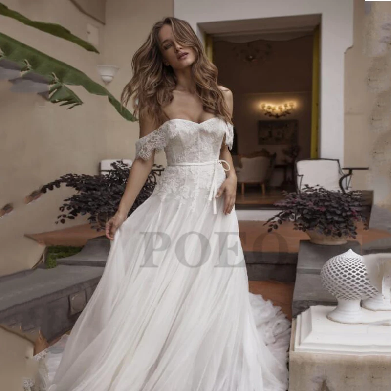 

Элегантное свадебное платье с бантом и поясом, изысканная Кружевная аппликация с открытыми плечами, Тюлевое платье принцессы, женское платье
