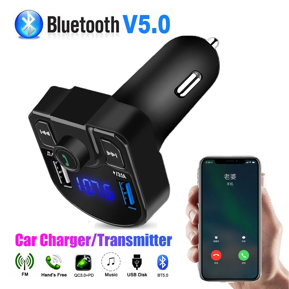 

USB AUX Wireless Bluetooth Car Kit Handsfree 3.1A Dual USB Phone Charger Car Cigarette Plug TF Card 3.5mm Audio FM Transmitter