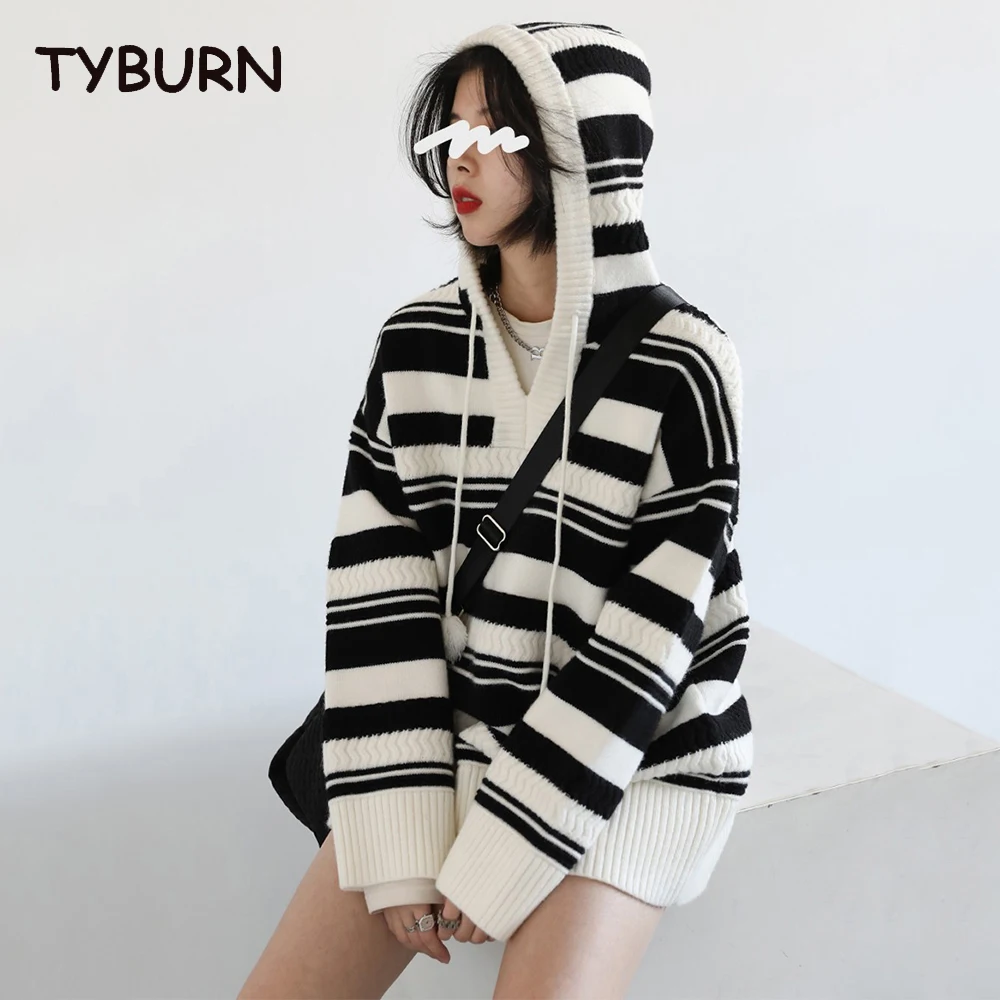TYBURN Casual Loose Striped Sweater For Women Hooded Collar Long Sleeve Colorblock Knitting Pullovers Female Autumn Clothi
TYBURN Casual Loose Striped Sweater For Women Hooded Collar Long Sleeve Colorblock Knitting Pullovers Female Autumn Clothi