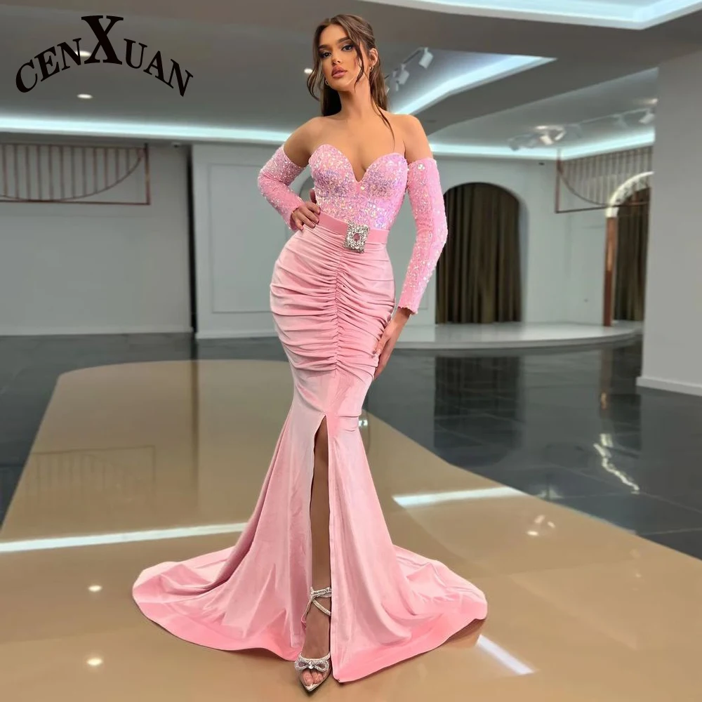 

CENXUAN Classic Mermaid Evening Gowns For Women Sequin Sweetheart Detachable Sleeves Pleat Slit Vestido De Noche Made To Order