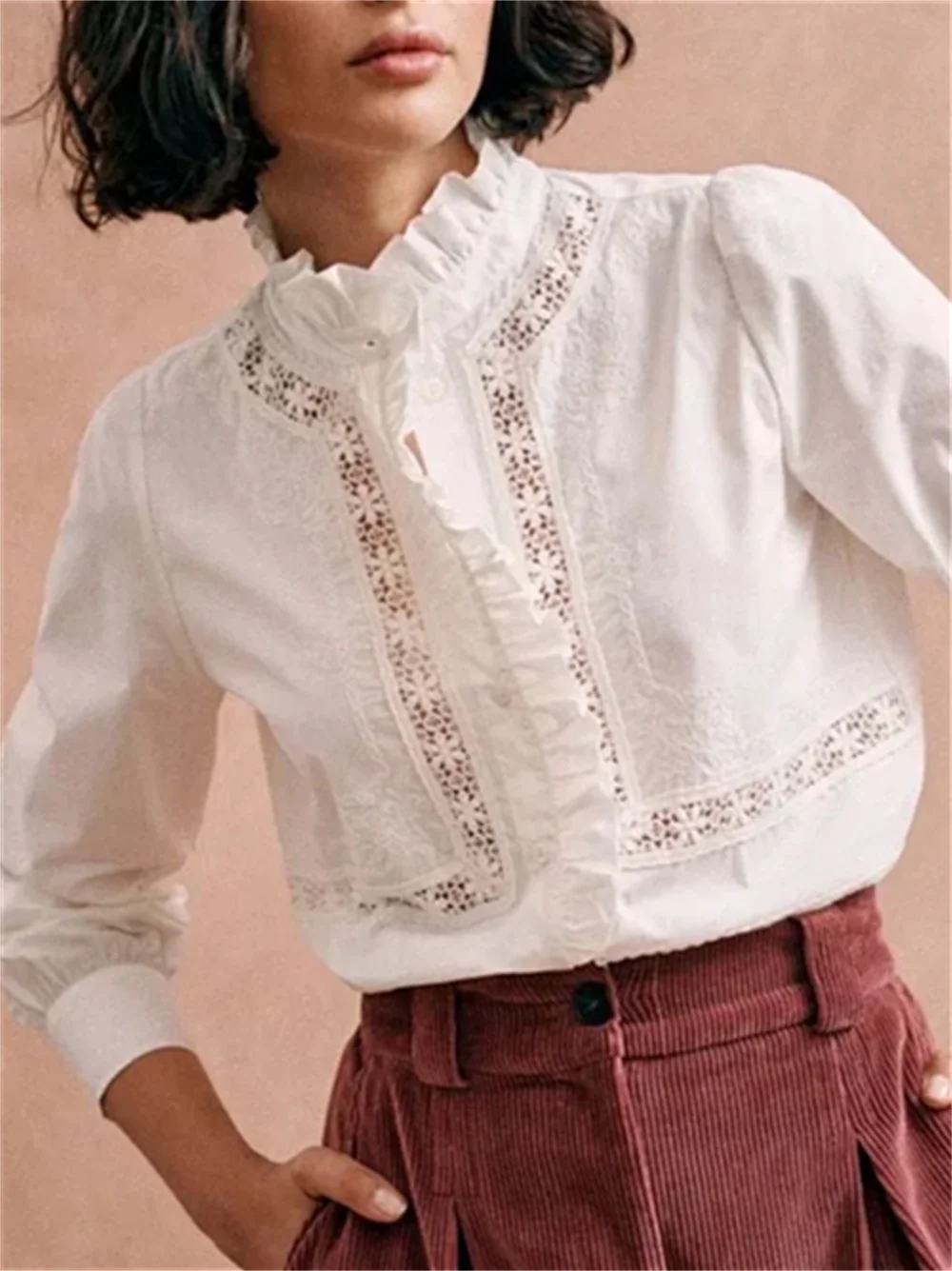 Women Shirt Lace Hollow Out Temperament Solid Ruffles Single Breasted Long Sleeve Blouse Vintage Spring
Women Shirt Lace Hollow Out Temperament Solid Ruffles Single Breasted Long Sleeve Blouse Vintage Spring