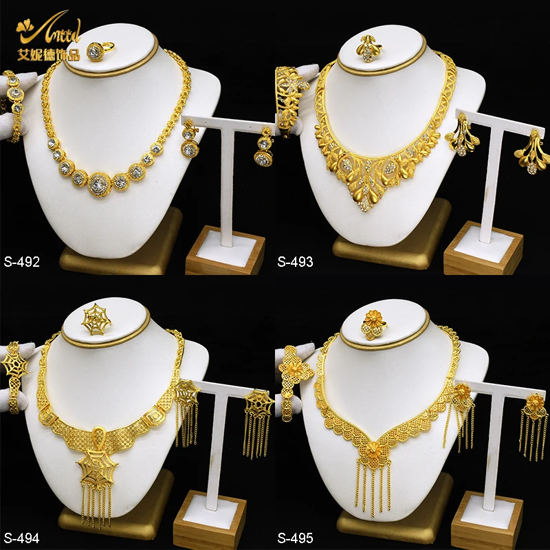 

ANIID Dubai 24K Gold Plated Jewelry Sets Wedding African Necklace Earrings For Women Nigerian Indian Bridal 4PCS Set Party Gifts