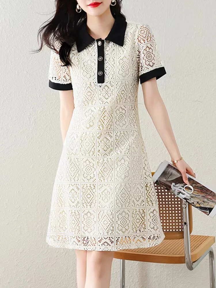 2023 Office Lady OL Dress Women's Hollow Lace Contrast Color Elegant Dresses Summer Trendy Polo Collar Short Sleeve Midi Dresses
2023 Office Lady OL Dress Women's Hollow Lace Contrast Color Elegant Dresses Summer Trendy Polo Collar Short Sleeve Midi Dresses
