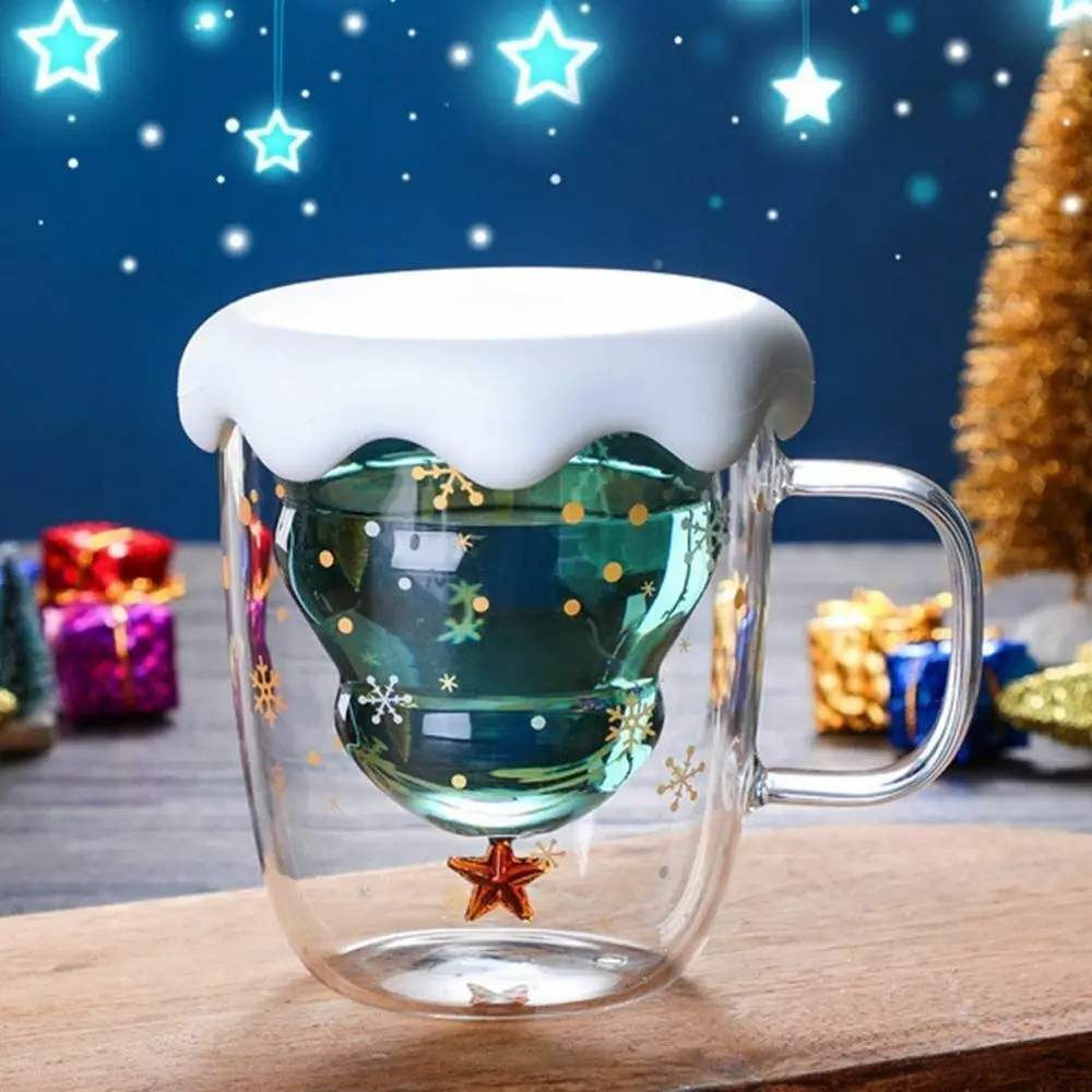 

Двухслойная кофейная кружка с защитой от ожогов, 300 мл, Рождественская елка, звездное небо, милая кружка для молока, чашка из боросиликатного стекла