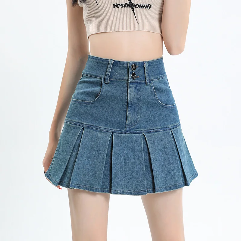 Sexy Pleated Women High Waist Denim Skirt Korean Fashion Pockets A Line Skirts Summer Harajuku High Quality Vintage Skirt
Sexy Pleated Women High Waist Denim Skirt Korean Fashion Pockets A Line Skirts Summer Harajuku High Quality Vintage Skirt