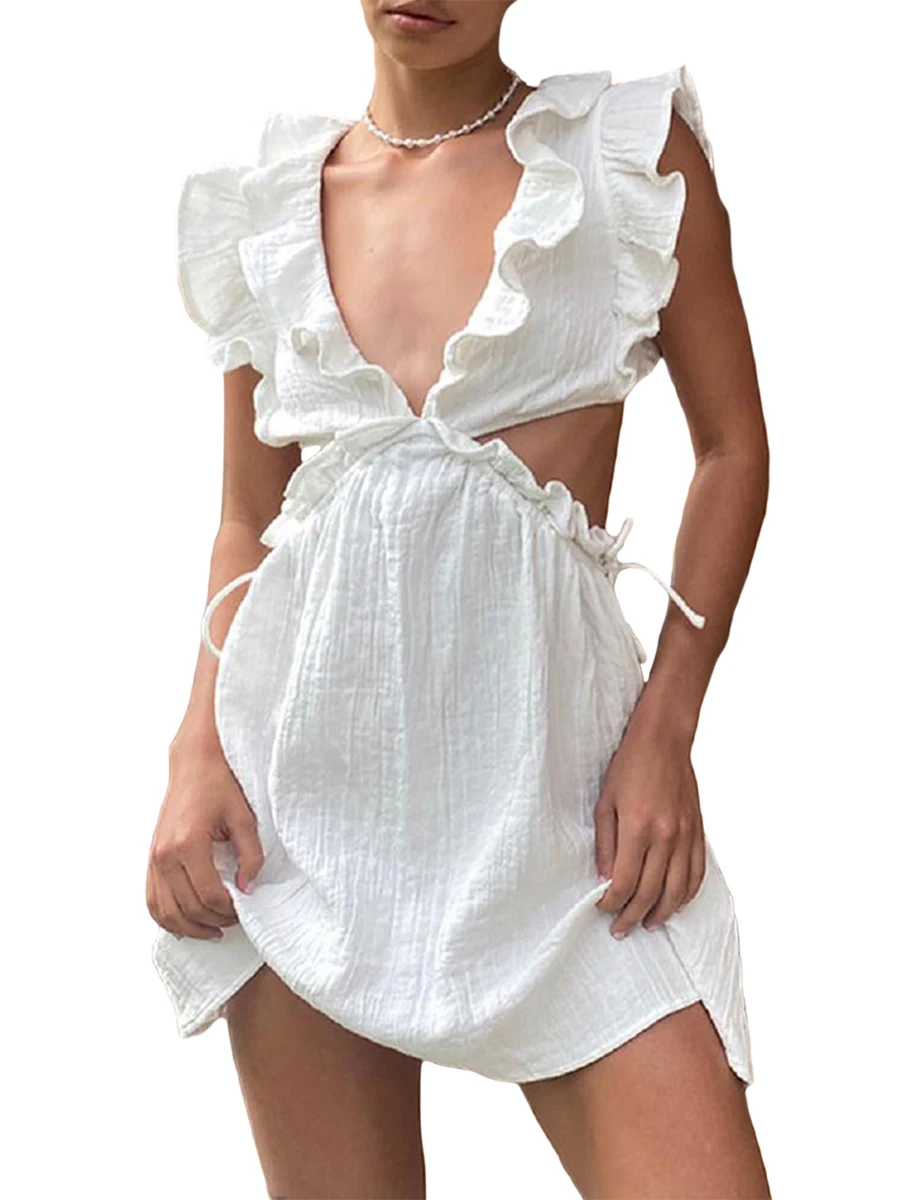 Women Ruffle Solid Color Mini Dress Y2K Hollow Sleeveless V-Neck Party Wear Dress Summer Clothing
Women Ruffle Solid Color Mini Dress Y2K Hollow Sleeveless V-Neck Party Wear Dress Summer Clothing