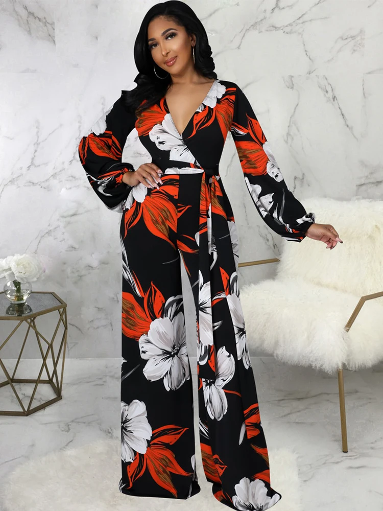 

Elegant Fashion Floral Print One Piece Jumpsuit Spring Clothes for Women Deep V Neck Lantern Sleeve High Waist Wide Leg Rompers