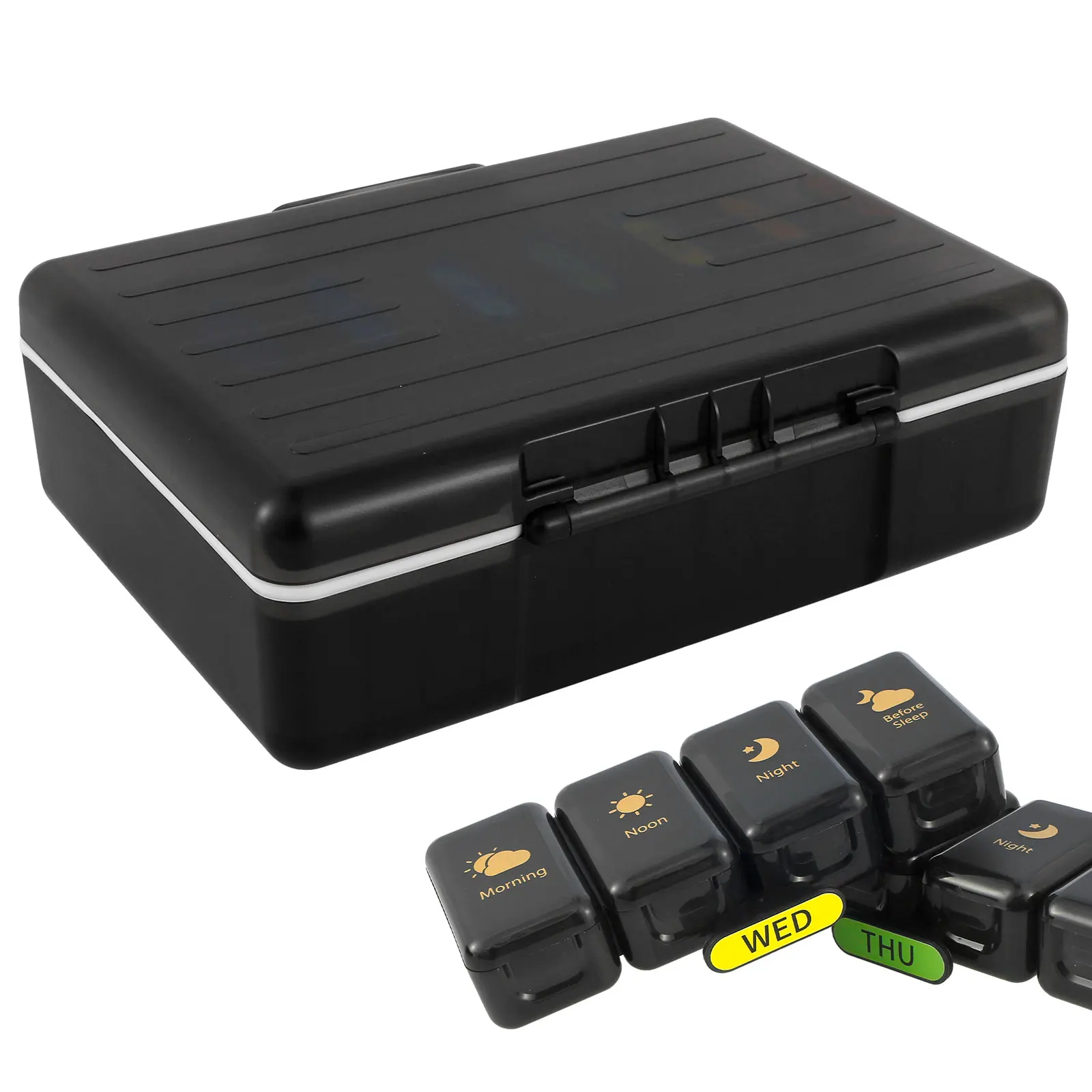 Pill Organizer with Removable Compartments Lightproof Weekly Pill Dispenser with Lock and Label Waterproof Pill Box Container
Pill Organizer with Removable Compartments Lightproof Weekly Pill Dispenser with Lock and Label Waterproof Pill Box Container