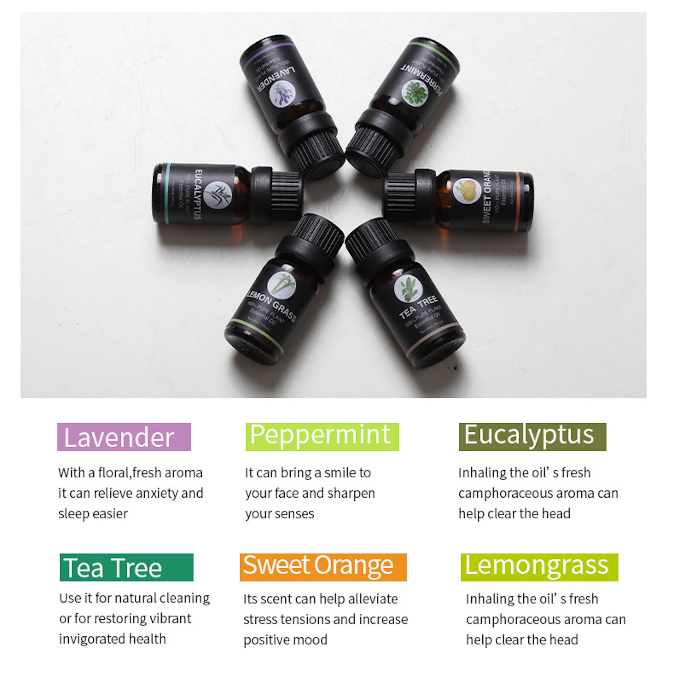 100% Natural Lavender, Tea Tree, Eucalyptus, Sweet Orange, Lemongrass, Peppermint Essential Oils 6 Pcs For Aroma Diffuser 10ml
100% Natural Lavender, Tea Tree, Eucalyptus, Sweet Orange, Lemongrass, Peppermint Essential Oils 6 Pcs For Aroma Diffuser 10ml