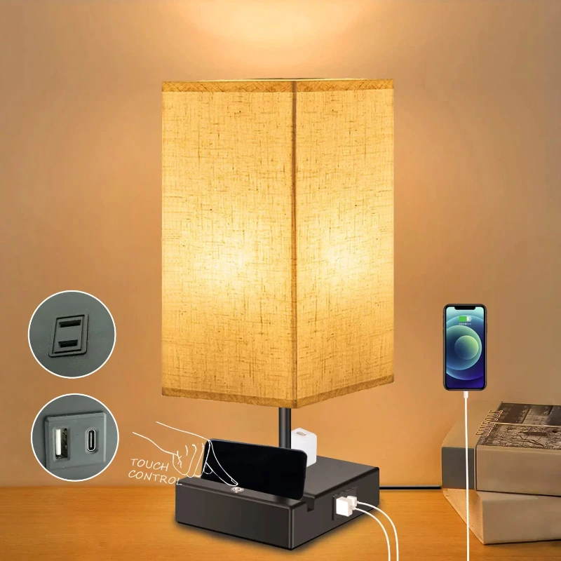 

Eva's Light Nightstand Lamp with USB / Type C Port and Outlet, 3-Way Dimmable Bedside Lamps for Bedrooms