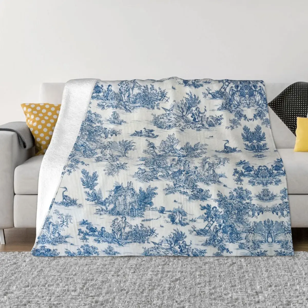 

French Navy Blue Motifs Toile De Jouy Blanket Soft Fleece Autumn Warm Flannel Flora Throw Blankets for Sofa Bedroom Quilt