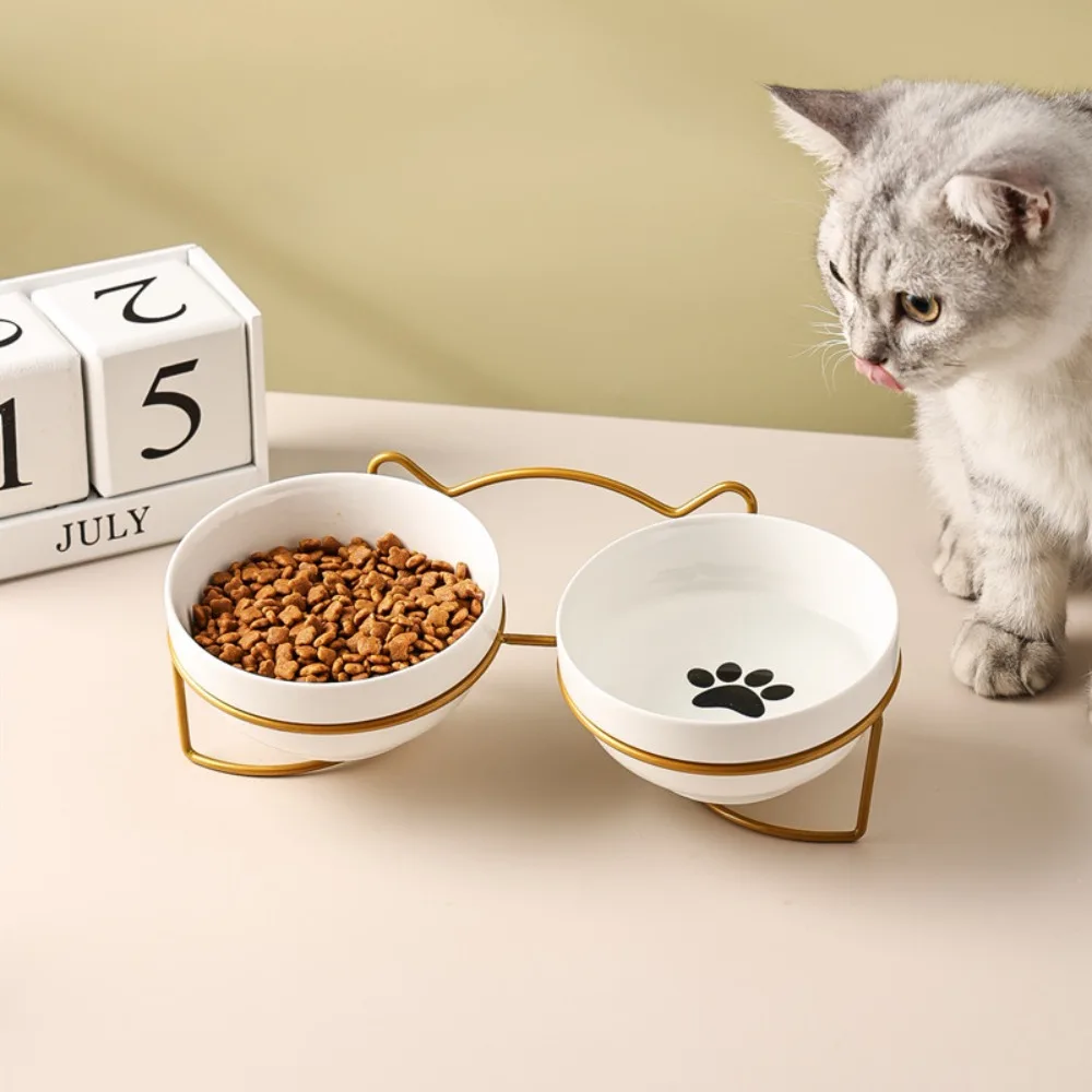 

Керамическая подъемная миска для собак и кошек, двойное блюдо с металлической подставкой, круглая водная кормушка для собак и кошек, защита от опрокидывания, для еды животных