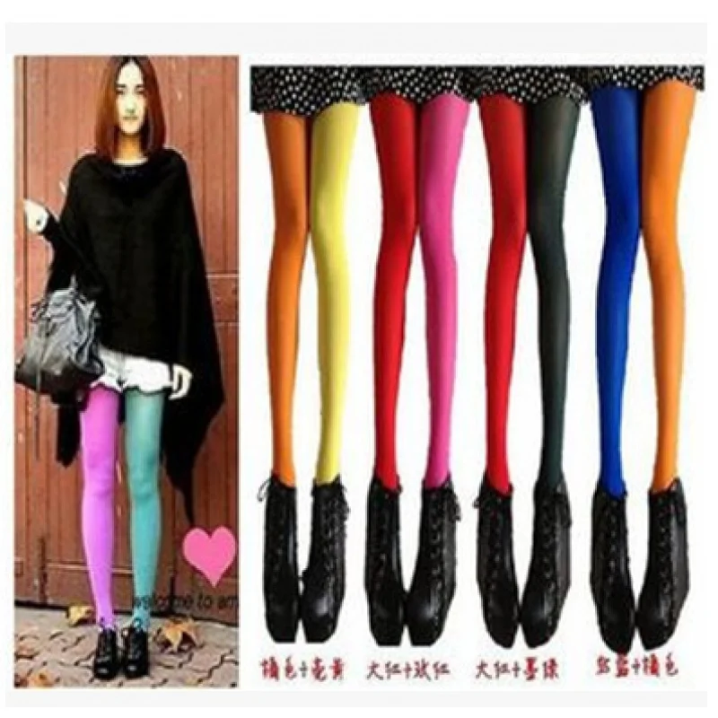 

Candy Color Colorful Stockings AB Left and Right Asymmetric Black and White Yin and Yang Dual-Color Patchwork Pantyhose Dance Pa