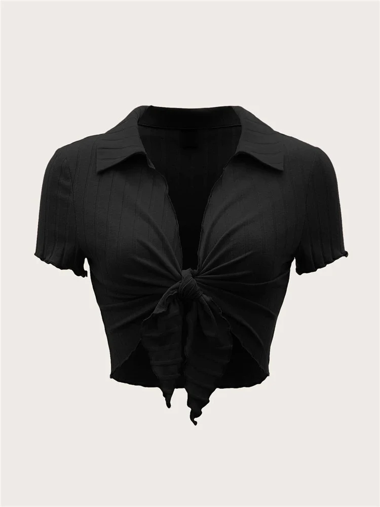 

Sexy Knot Lettuce Trim Short Sleeve Rib Knit Crop Top Women Summer Solid Black Turn Down Collar Blouse Tee Shirts Streetwear
