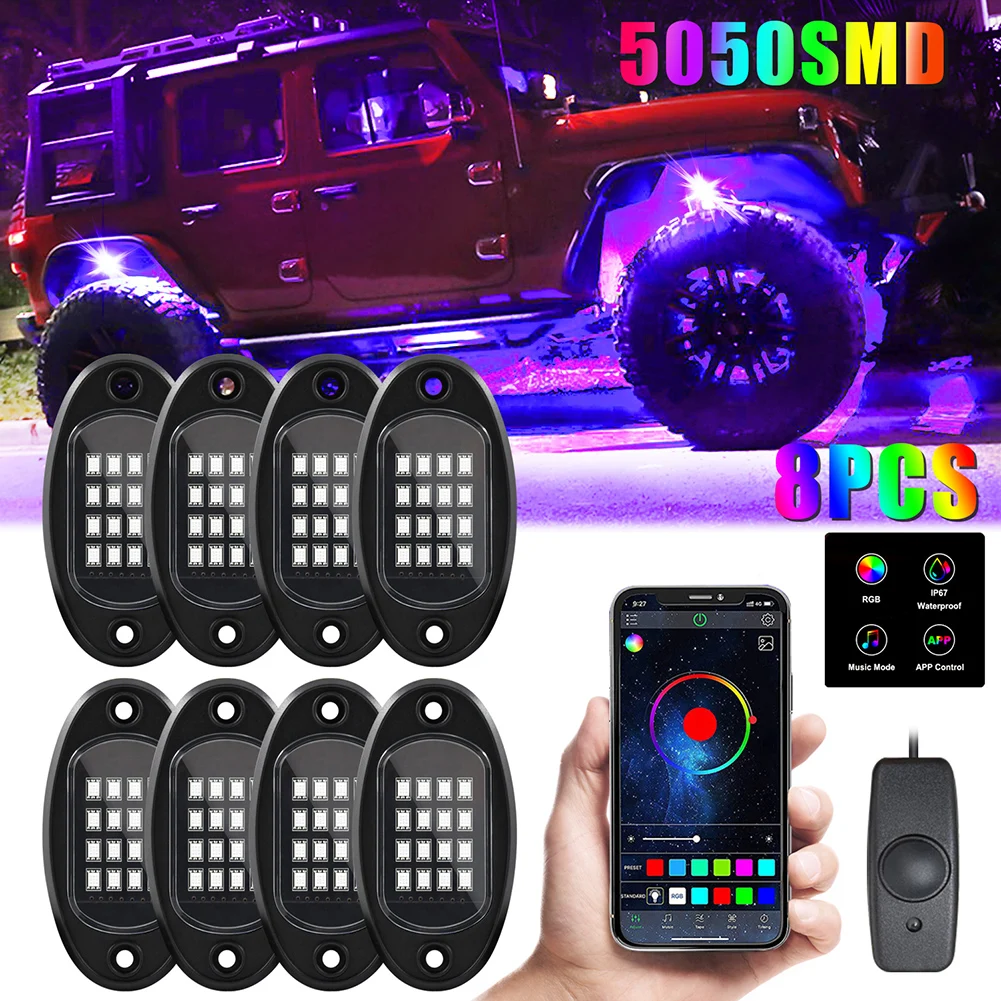 

8/6/4 In 1 RGB LED Rock Lights Bluetooth-Compatible APP Control Music Sync Car Chassis Light Undergolw Waterproof Neon Lights