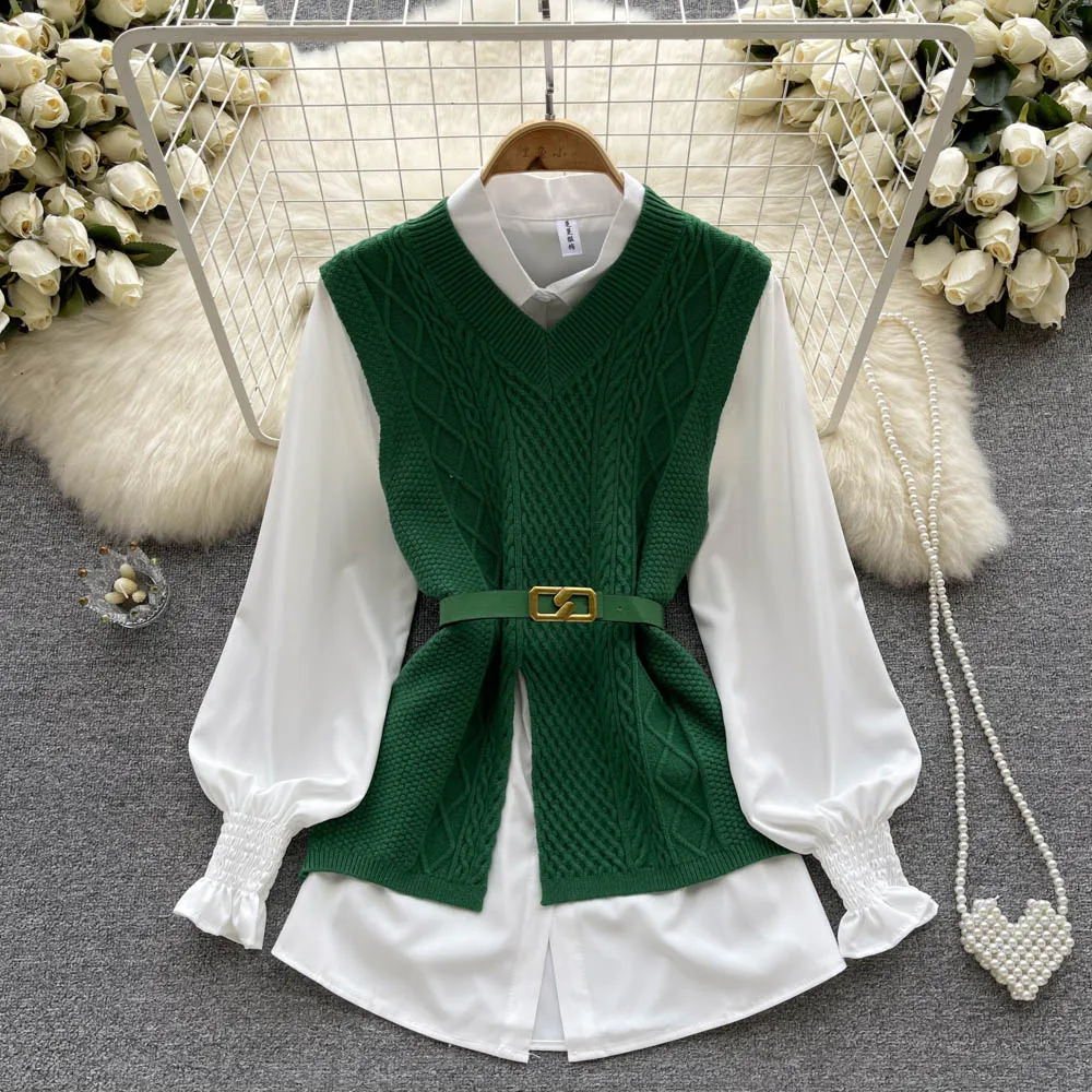 VANOVICH Preppy Style Fashion Green Sleeveless Knitted V-neck Vest Temperament White Long-sleeved Casual Shirt Two-piece Set
VANOVICH Preppy Style Fashion Green Sleeveless Knitted V-neck Vest Temperament White Long-sleeved Casual Shirt Two-piece Set