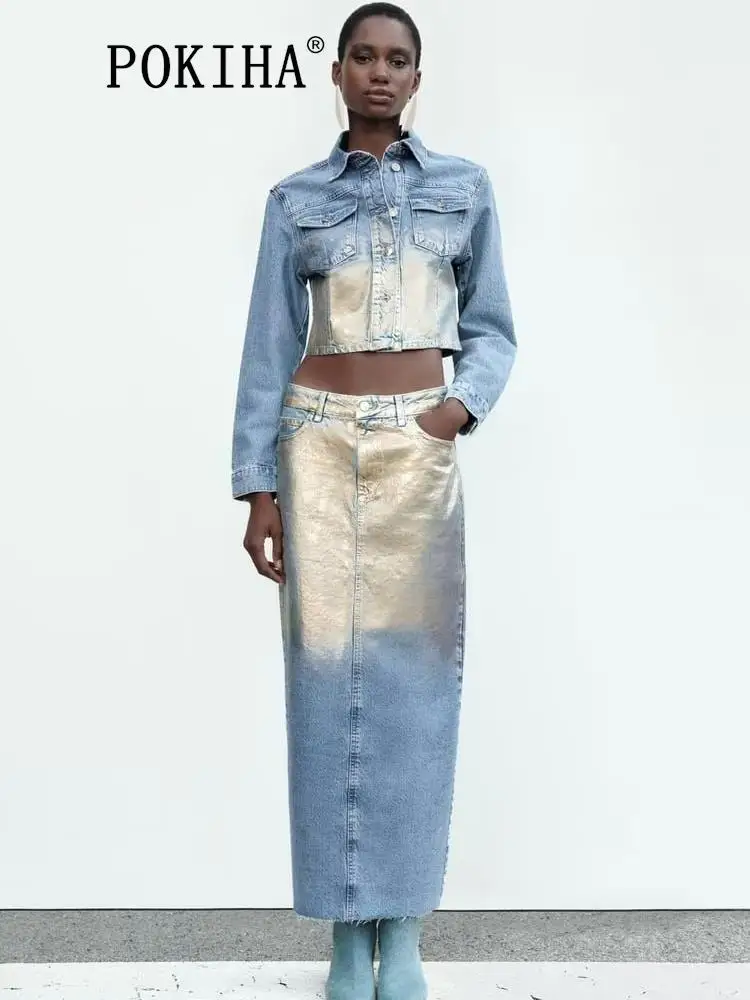 Pokiha Fashion Women New Contrast Metal Short Denim Jacket Coat And Casual Back Split Midi Skirts Female Chic 2 Piece Sets Mujer
Pokiha Fashion Women New Contrast Metal Short Denim Jacket Coat And Casual Back Split Midi Skirts Female Chic 2 Piece Sets Mujer