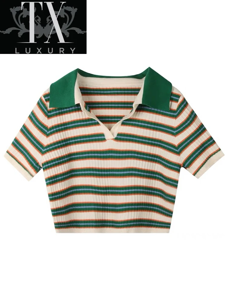 Women Tops Green Stripe Polo Short Sleeve T-shirts 2022 Summer Chic Office Ladies Tight Casual V Neck Clothes Female 
Women Tops Green Stripe Polo Short Sleeve T-shirts 2022 Summer Chic Office Ladies Tight Casual V Neck Clothes Female