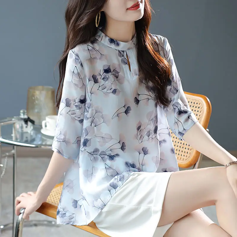Chinese style printed chiffon shirt top o neck five-point sleeve summer women 2022 new thin shirt casual blouse female clothing
Chinese style printed chiffon shirt top o neck five-point sleeve summer women 2022 new thin shirt casual blouse female clothing