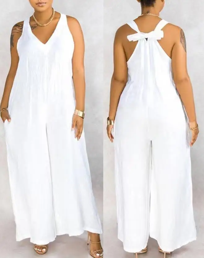 2023 Casual Women's Jumpsuit Fashion Plain Color Neck Tie Up V-Neck Loose Tied Detail Sleeveless Wide Leg Jumpsuit Streetwear
2023 Casual Women's Jumpsuit Fashion Plain Color Neck Tie Up V-Neck Loose Tied Detail Sleeveless Wide Leg Jumpsuit Streetwear