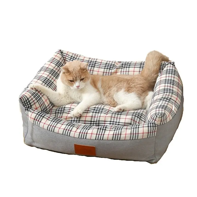 

Winter Striped Plaid Square Kennel Warm Kitten Puppy Large Sofa Dog Bed Pet Supplies Removable Washable Cat Nest Soft PP Cotton