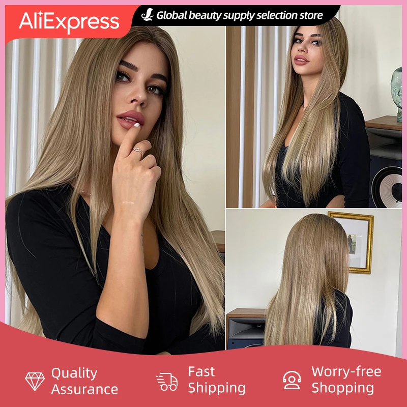Long Straight Hair Brown Ombre Blonde Front Lace Women Wig Cosplay Natural Wigs Middle Part Heat Resistant Synthetic | Шиньоны и парики