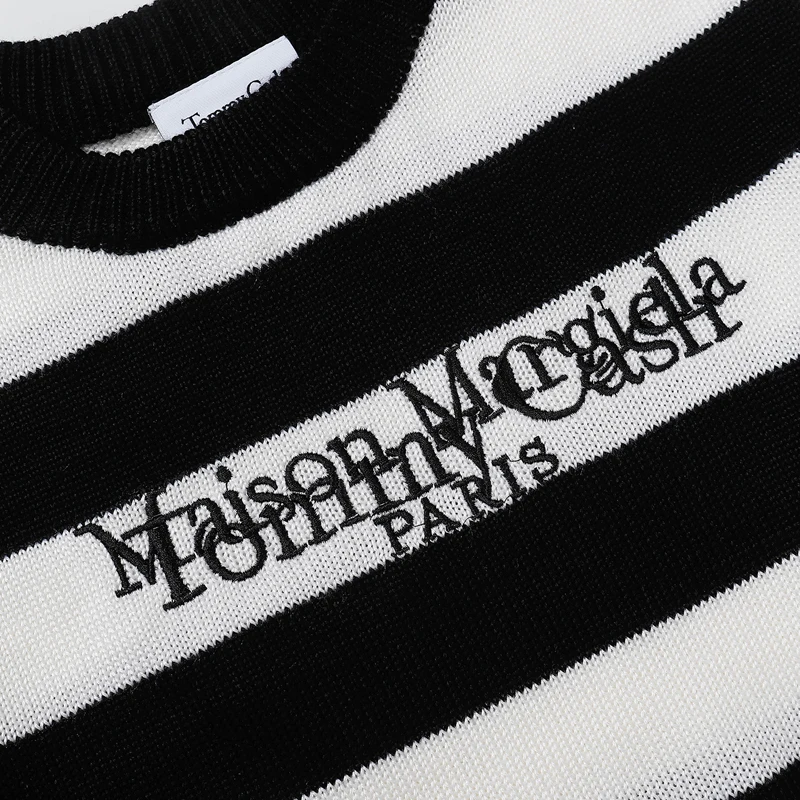 

Классические Полосатые рваные вязаные свитера Mm6 Maison Margiela, Свободные повседневные винтажные пуловеры с Вышивкой Букв, мужская одежда в Париже