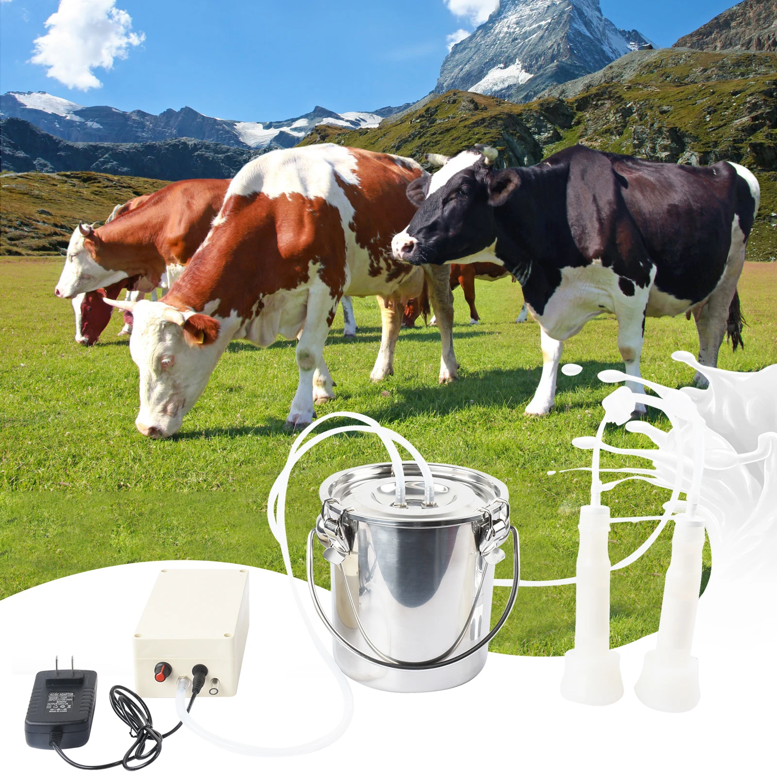 

3L Electric Milking Machine Stainless Steel Milker Farm Cow Goat Vacuum Suction Pump Bucket Automatic Cattle Milking Equipment