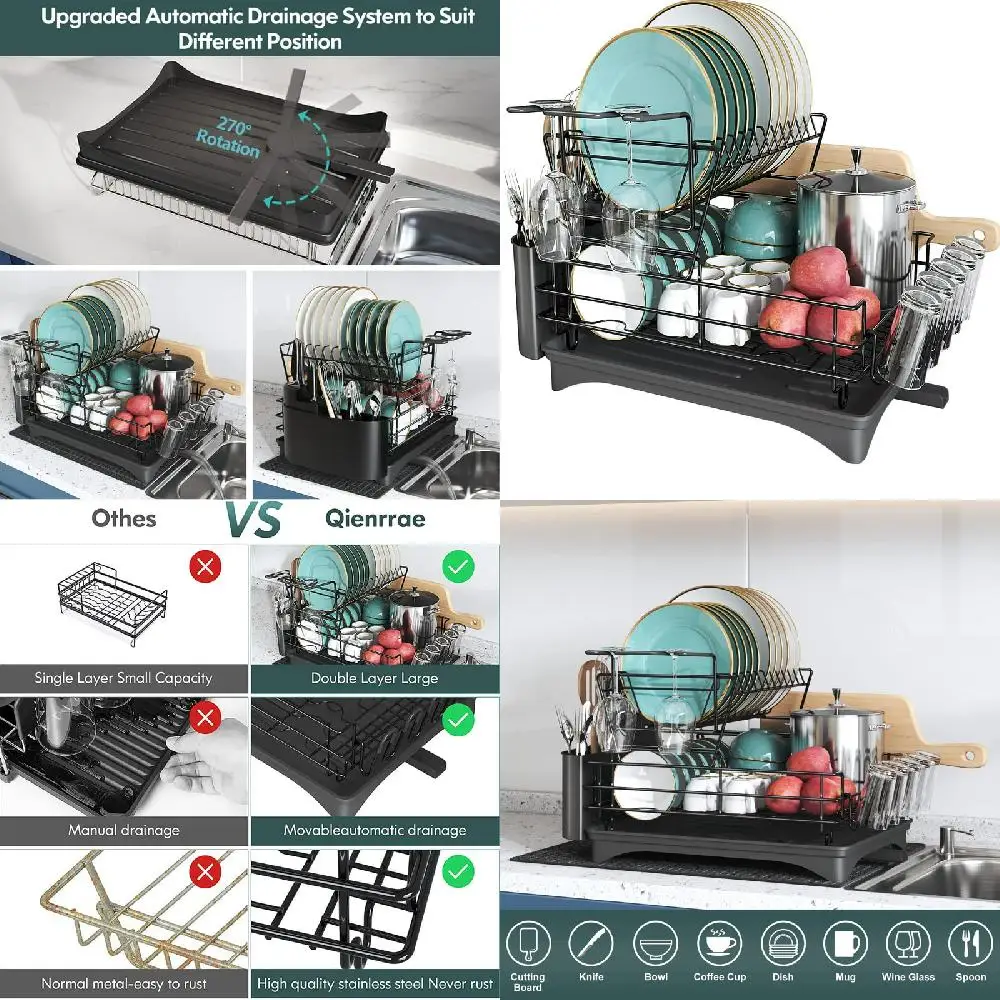 Drying Rack with Drainboard Set, Stainless Steel 2 Tier Black Dish Rack with Drainage for Kitchen Counter, Large Dish Drainers w
Drying Rack with Drainboard Set, Stainless Steel 2 Tier Black Dish Rack with Drainage for Kitchen Counter, Large Dish Drainers w
